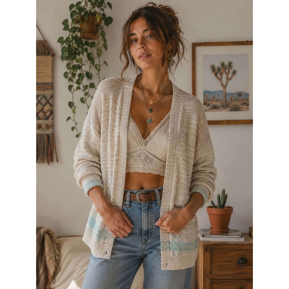 Vanity Women XL Cardigan Sweater Cream Tan Stripe Teal Fair Isle Boho Open Front